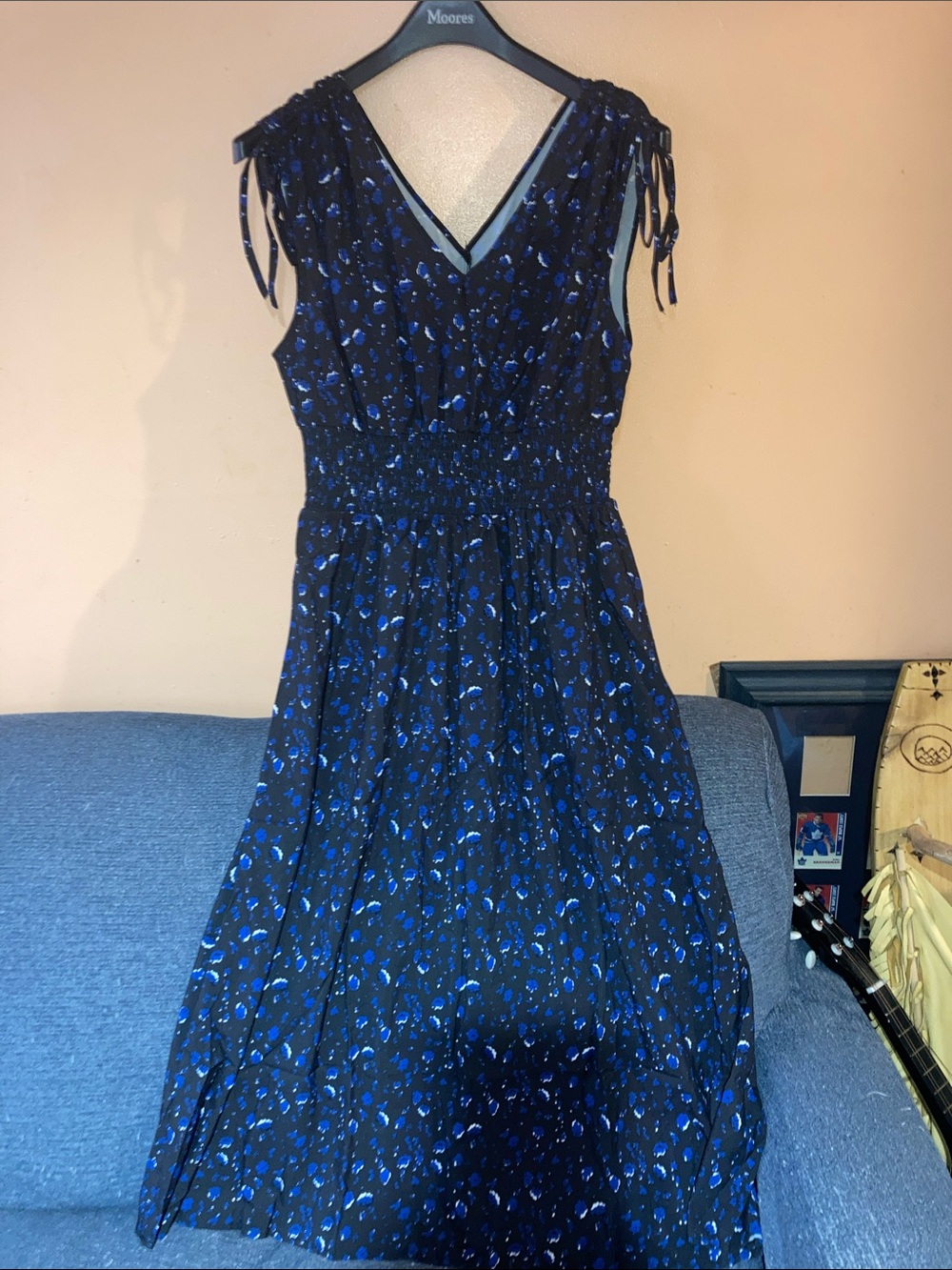 Smocked Waist Navy Blue Floral V-Neck Sleeveless Dress